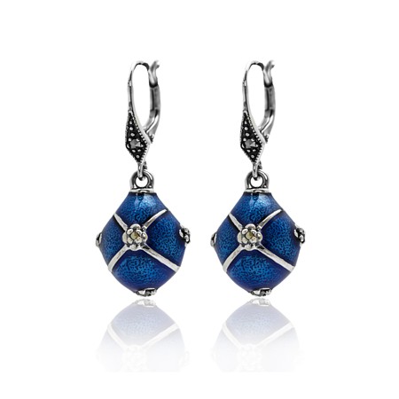Frosted Blue Enamel Balls w/Marcasite Leverback Earrings - Click Image to Close